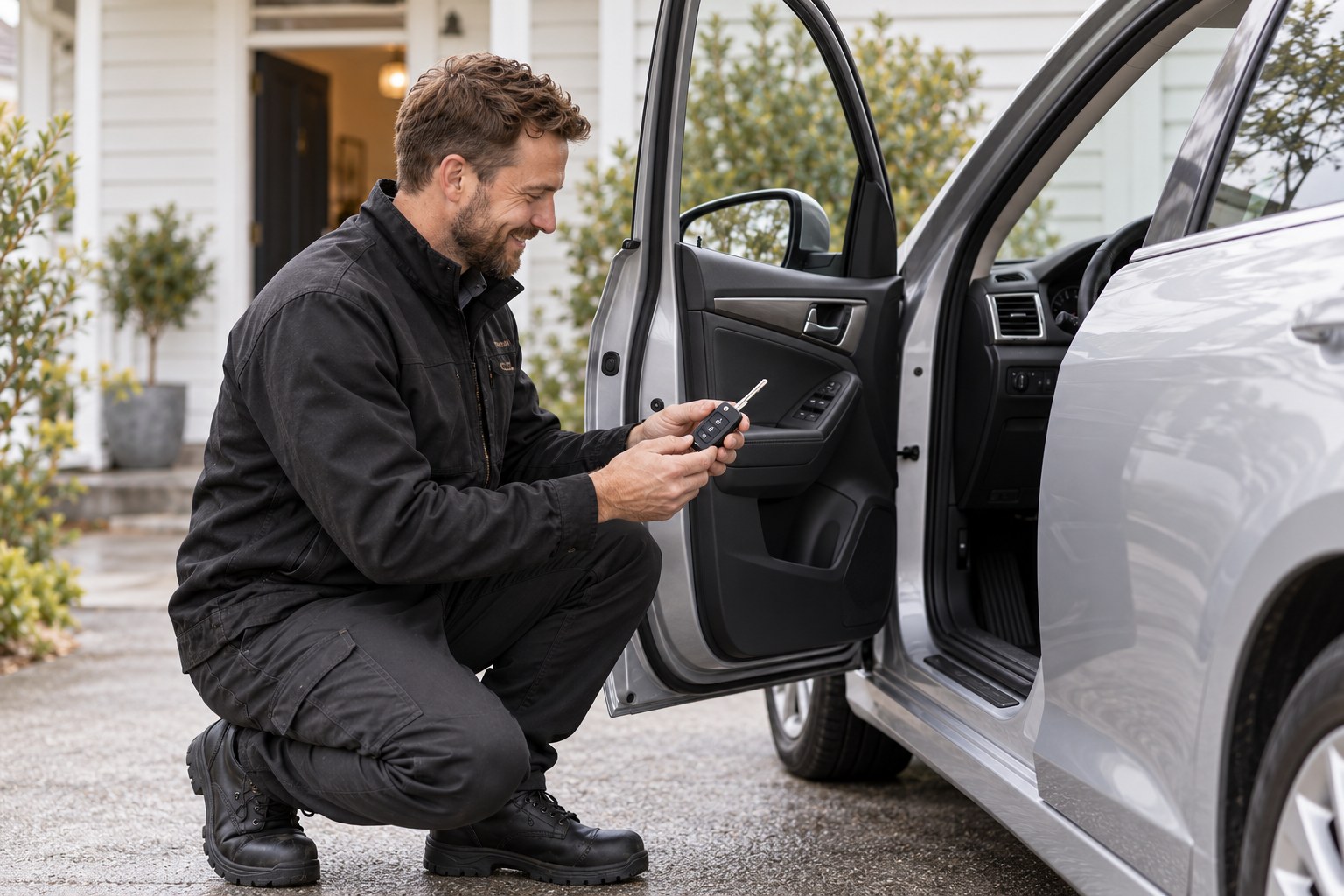 Automotive locksmith checking a car key beside an open silver car door